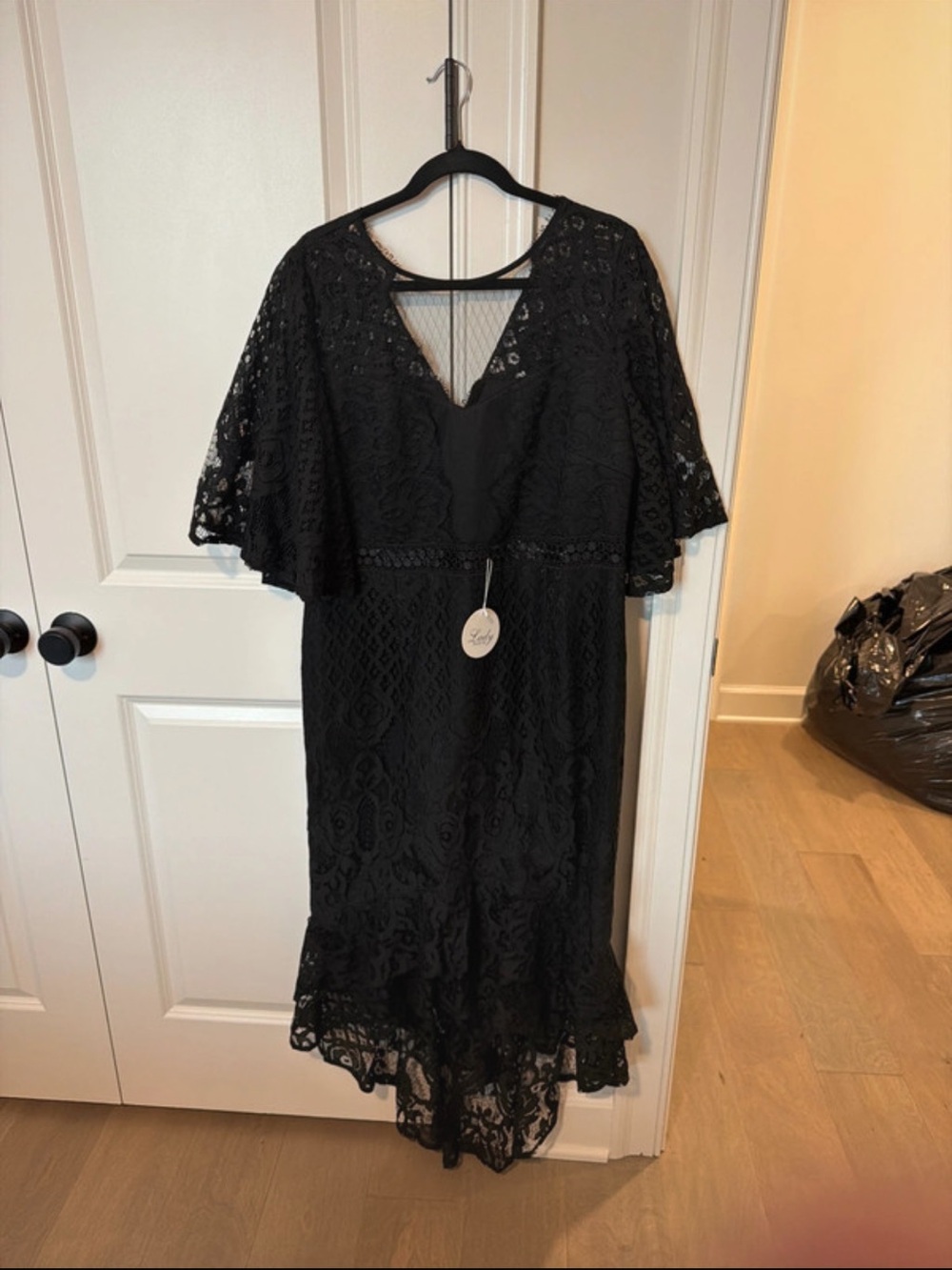 Black Lace High-Low Dress with Flutter Sleeves